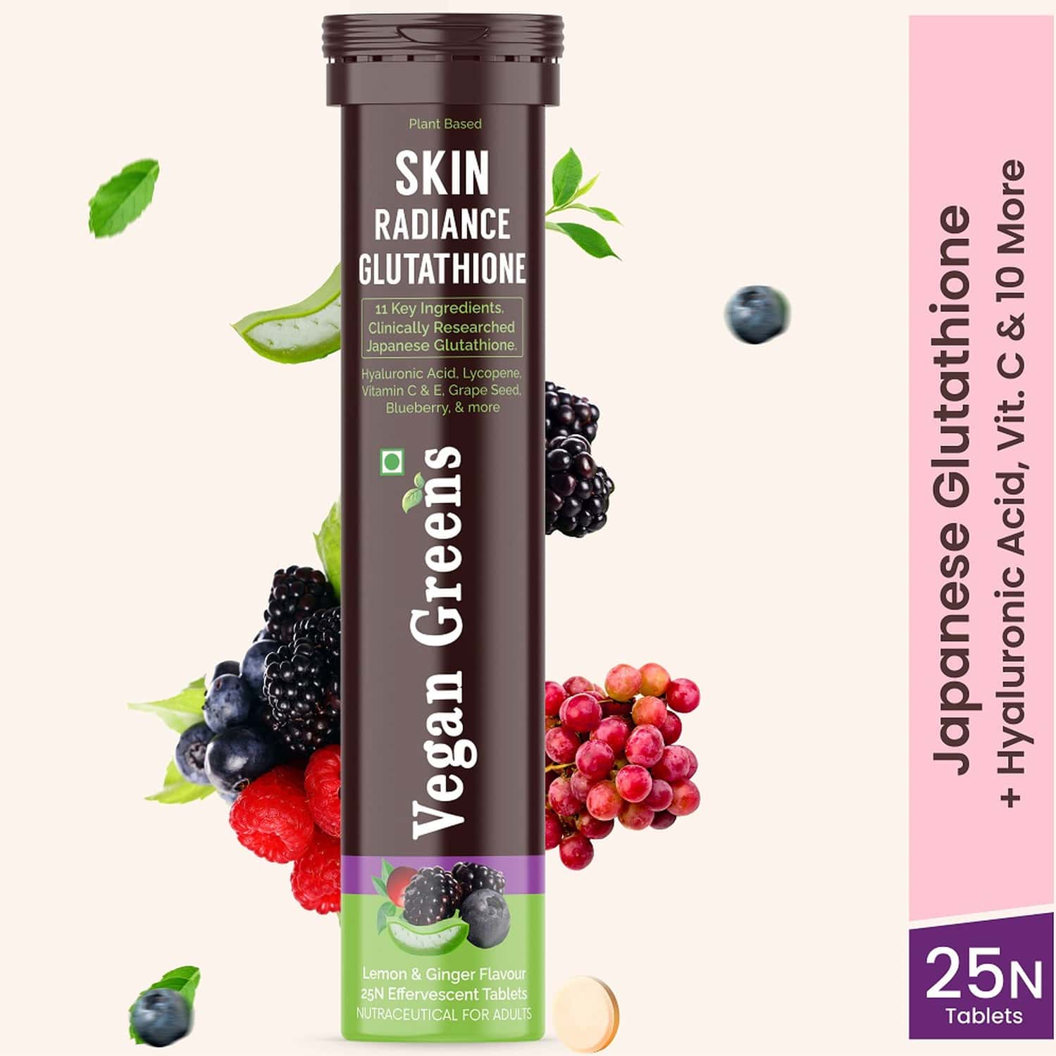 Vegan Greens Skin Radiance Japanese Glutathione 500mg +11 Key Ingredient. 250 Efferve., Lemon Ginger