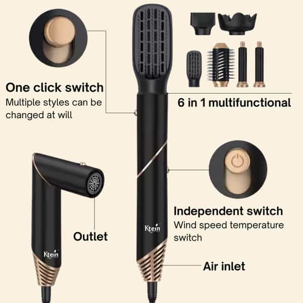 Ktein 6-In-1 Hot Air Hair Styler For Women| 1000W | Curler | Straigthner | Volumizr - 1 Unit