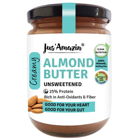 Jus Amazin Creamy Almond Butter - Unsweetened (500g) | 25% Protein | Clean Nutrition