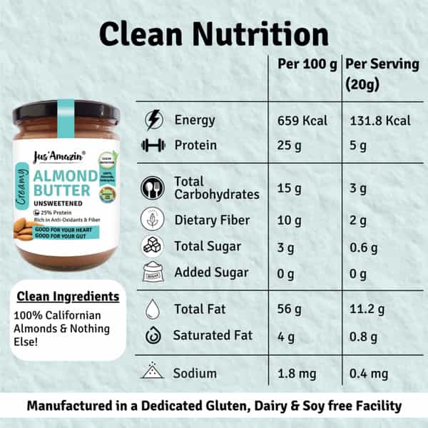 Jus Amazin Creamy Almond Butter - Unsweetened (500G) | 25% Protein | Clean Nutrition