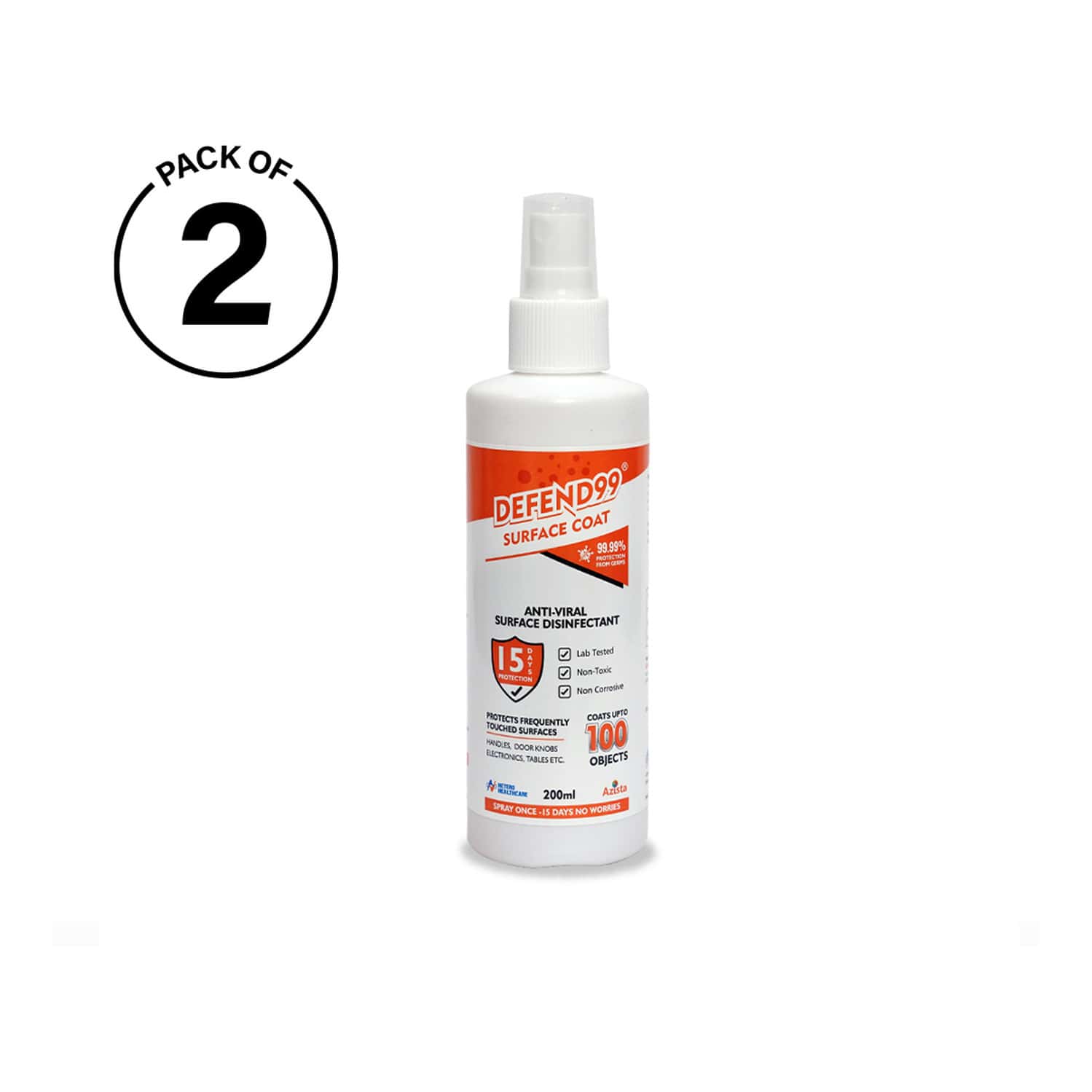 Defend99 Surface Coat - 15 Days Surface Antimicrobial Coating Sanitizer Spray Bottle. - Pack Of 2