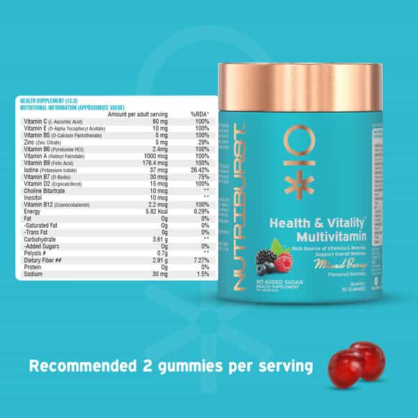 Nutriburst Health & Vitality Gummies With Multivitamins & Biotin (30 Gummies)(Mixed Berry Flavor)