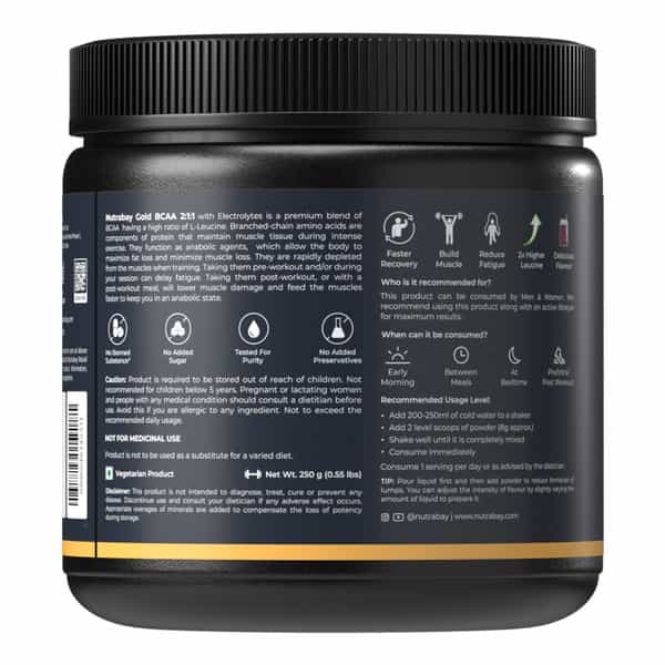 Nutrabay Gold Bcaa 2:1:1 With Electrolytes|5G Bcaa | Pre/Post Workout Energy Drink|250G | Cola