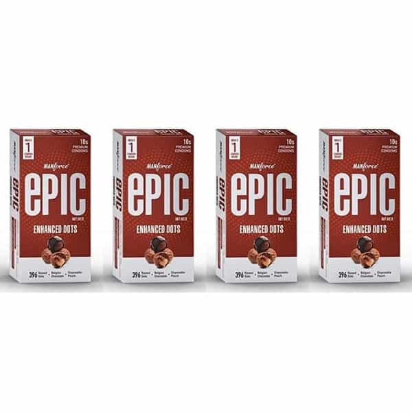 Manforce Epic Hot Dots Enhanced Dotted Condoms For Men Belgian Chocolate Flavour (Set Of 4X10)