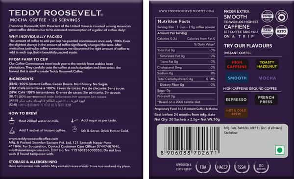 Teddy Roosevelt Dark Chocolate Mocha Instant Coffee 50G