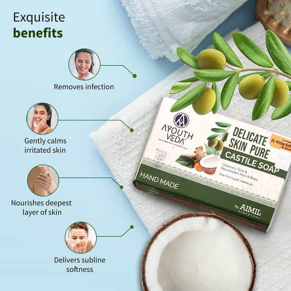 Ayouthveda Delicate Skin Castile Soap | Tulsi Neem Coconut & Olive Oils For Skin Cleansing 110 Gm