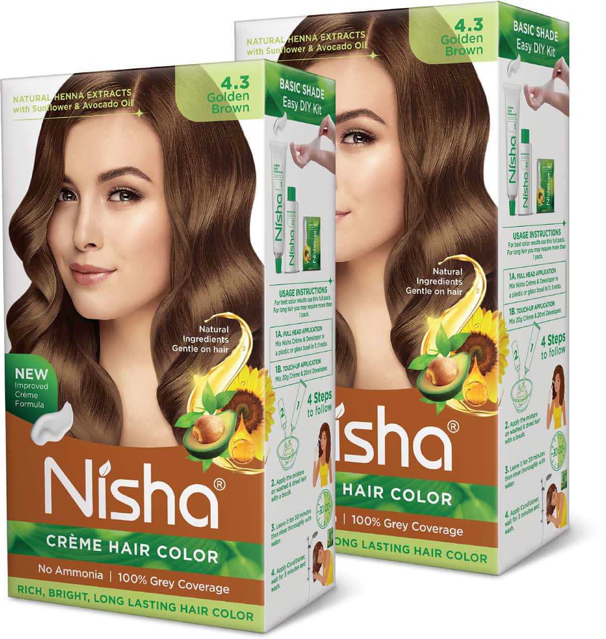 Nisha Creme Hair Color 4.3 Golden Brown 120gm Pack Of 2 | Ammonia Free Permanent Hair Colour