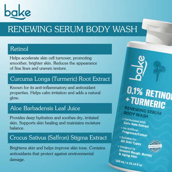 Bake 0.1% Retinol & Turmeric Body Wash For Anti Aging | Firming | Smooth & Glowing Skin | 300Ml