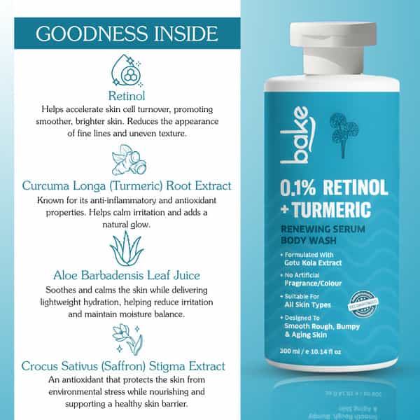 Bake 0.1% Retinol & Turmeric Body Wash For Anti Aging | Firming | Smooth & Glowing Skin | 300Ml