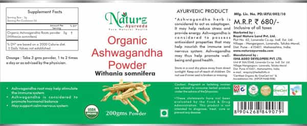 Naturz Ayurveda Organic Ashwagandha Powder - 200 Gms