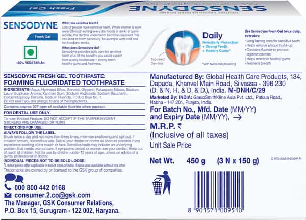 Sensodyne Toothpaste Fresh Gel Combo Pack | 450 Gm Multi-Pack (150 Gm - Buy 2 Get 1 Free)