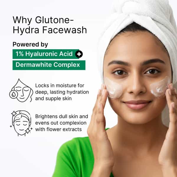 Glutone-Hydra Face Wash 1% Hyaluronic Acid & Dermawhite Cleanser For Dry Skin 100Ml (Pack Of 2)