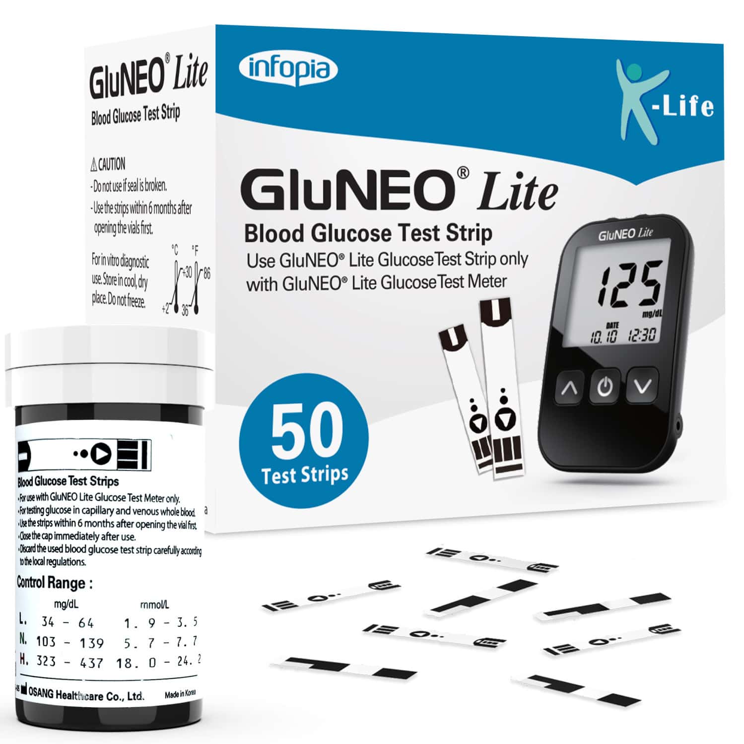 K-life Gluneolite Blood Sugar Glucose Testing 50 Glucometer Strips