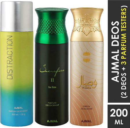 Ajmal 1 Distraction For Unisex 1 Sacrifice Ii For Men &1 Wisal For Women Deo Each 200ml Combo Pack 3