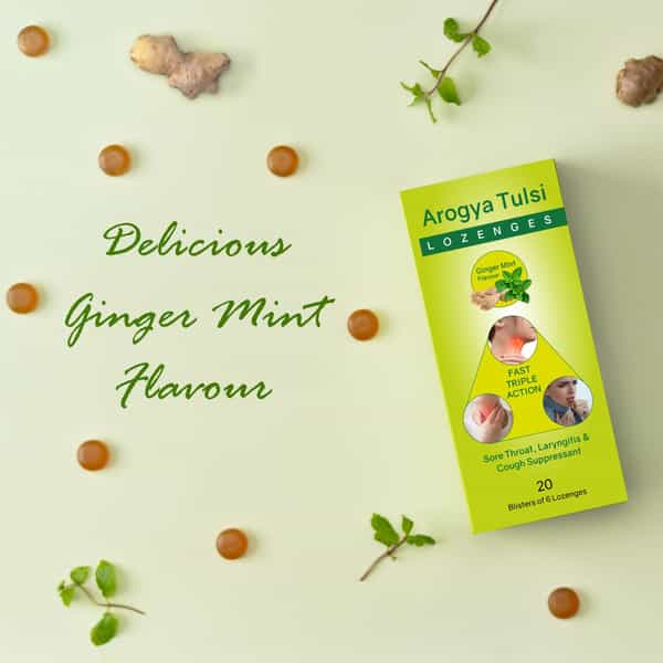 Arogya Tulsi Lozenges (Ginger Mint Flavour) 6 Tab | Cough & Sore Throat (Pack Of 10)