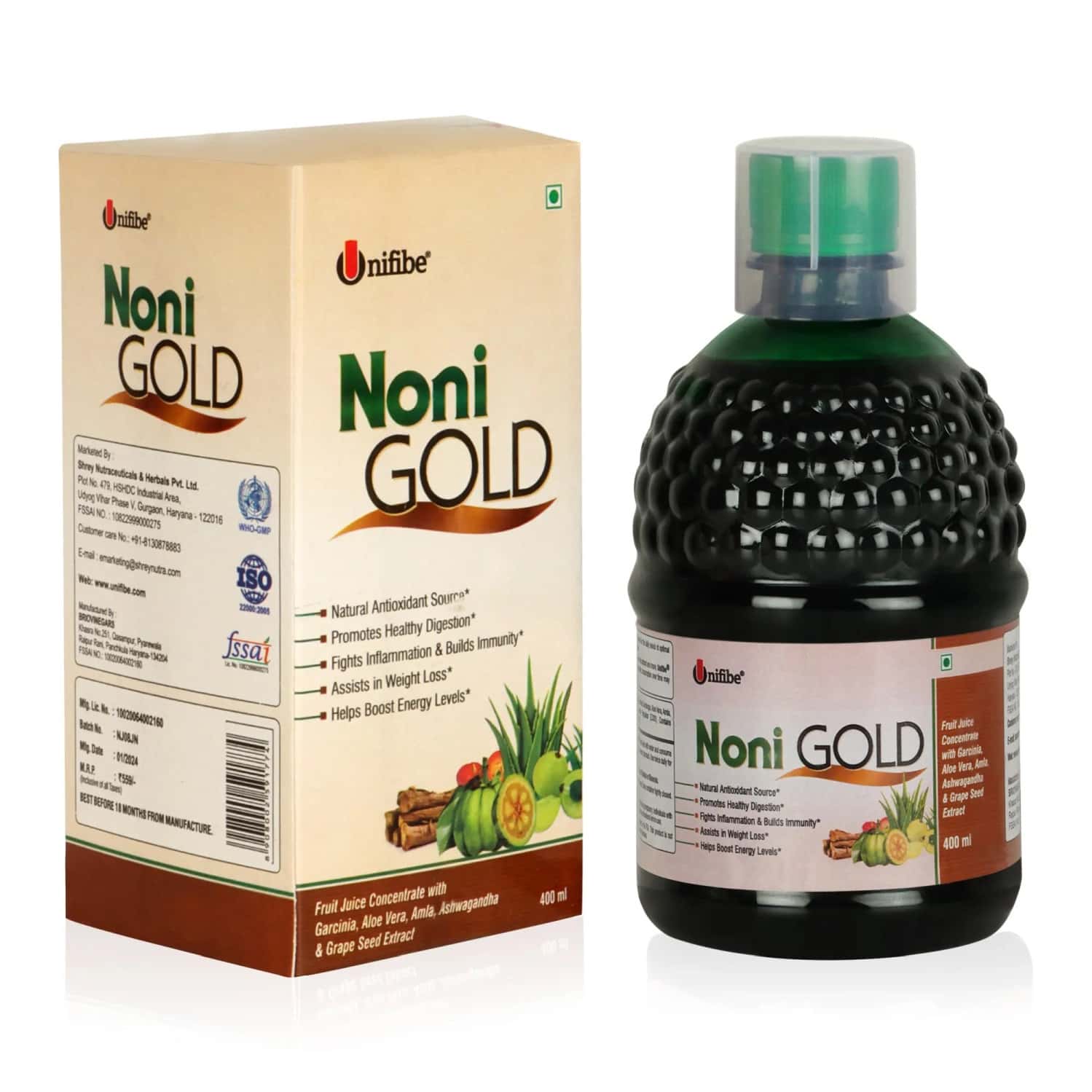 Unifibe Noni Gold Juice With Garcinia | Aloe Vera | Amla | Ashwagandha & Grape Seed Extract | 400 Ml