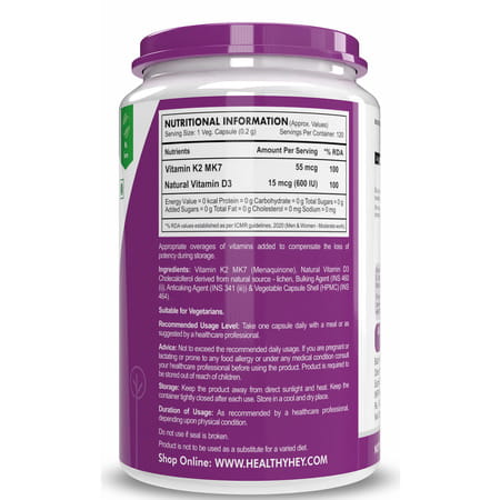 Healthyhey Nutrition Natural Vitamin K2 + Natural D3 120 Veg. Capsules