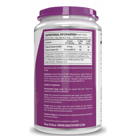 Healthyhey Nutrition Natural Vitamin K2 + Natural D3 120 Veg. Capsules
