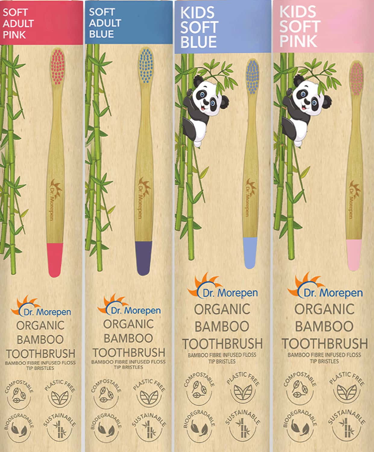 Dr. Morepen Organic Bamboo Toothbrush Family Pack - 2 Kids & 2 Adults - 4'S
