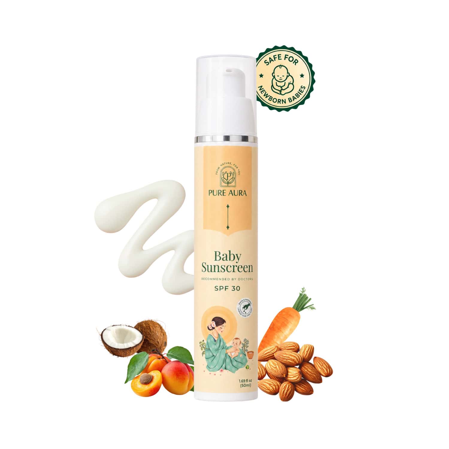 Pure Aura Baby Sunscreen | Spf 30 Kids Sunscreen | 100% Mineral & Ayurvedic 6m To 8 Yrs 50 Gm