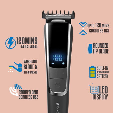 Zebronics Zeb-Ht105 Corded/Cordless Trimmer With Up To 90 Mins Usb Fast Charge(Black+Metallic Grey)