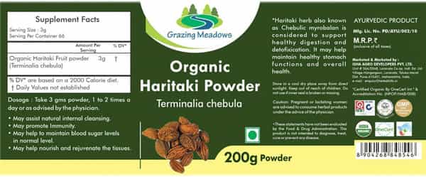 Grazing Meadows Organic Haritaki Powder/Terminalia Chebulaharde Powder 200Gms Pack Of 5