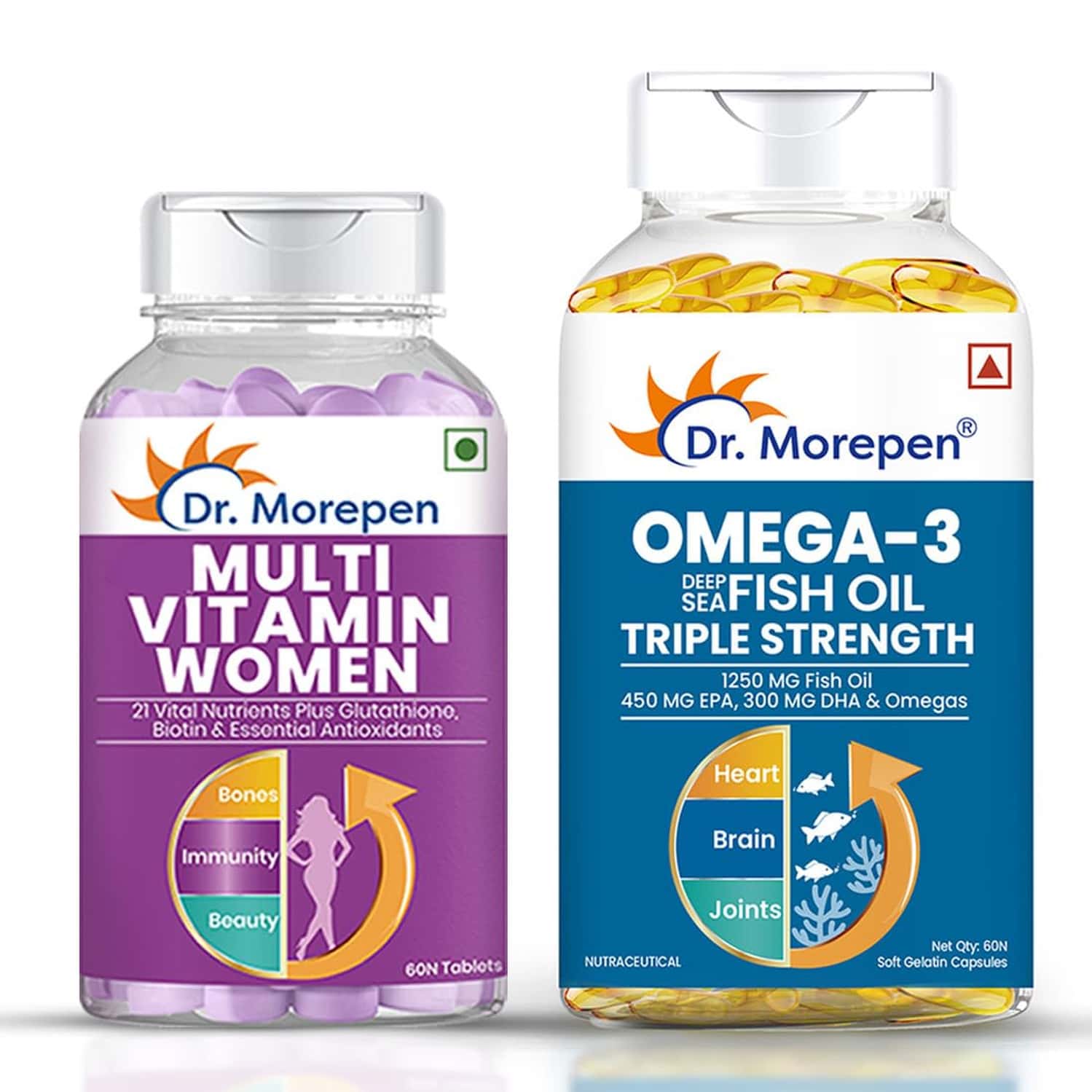 Dr. Morepen Multivitamin Women | 60 Tablets & Omega3 Deep Sea Fish Oil Triple Strength | 60 Softgels