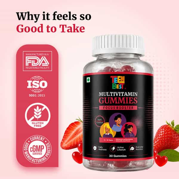 Healthbest Teen Multivitamin Gummies | Boosts Focus| Energy & Immunity | 30 Strawberry Gummies