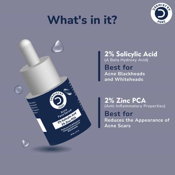 Dermistry 2% Salicylic Acid 2% Zinc Face Serum For Oily Acne Prone Skin Black & Whitehead Scars 30Ml