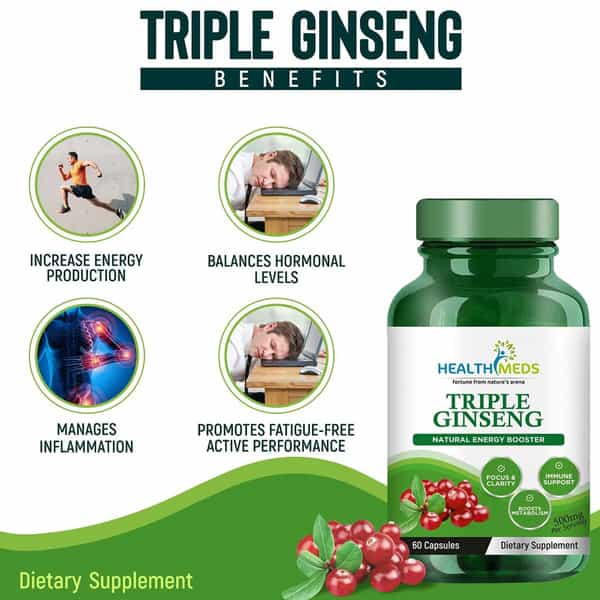 Healthmeds Triple Korean Red Ginseng Root Extract Dietary Supplement For Men 1000Mg For Men 60 Caps