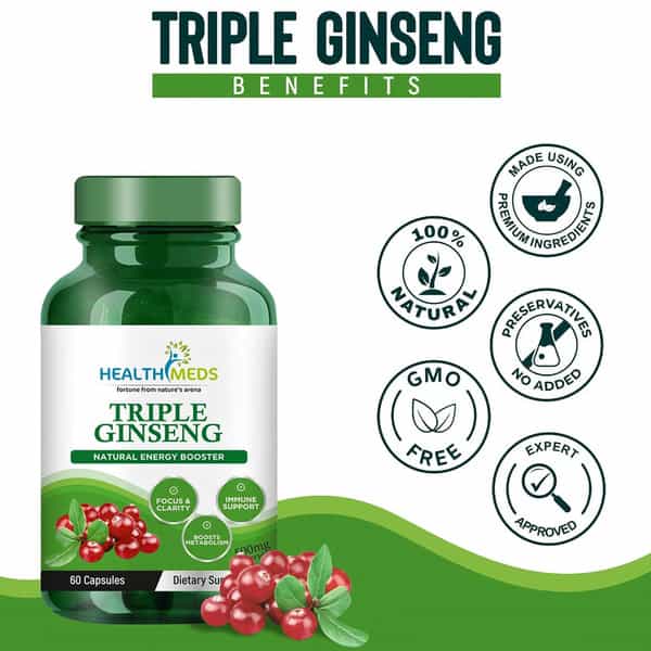 Healthmeds Triple Korean Red Ginseng Root Extract Dietary Supplement For Men 1000Mg For Men 60 Caps