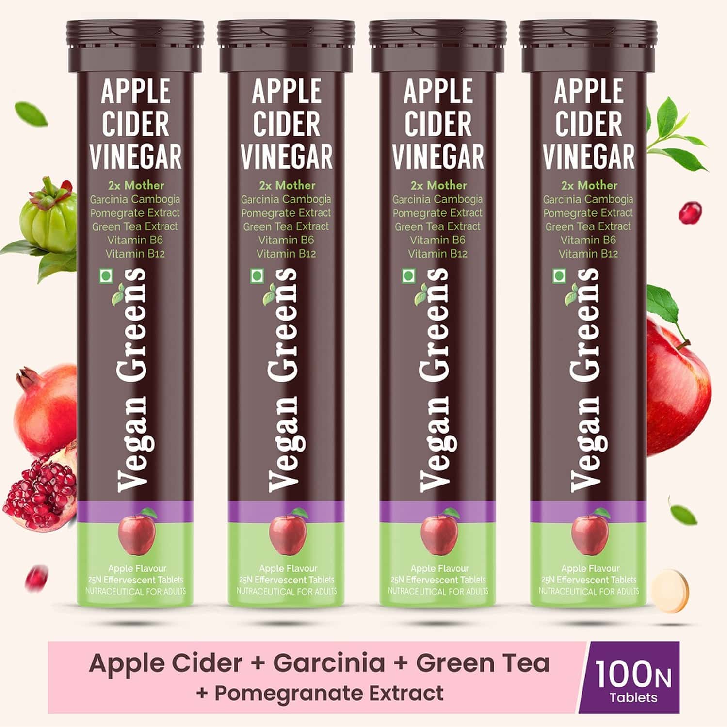 Vegan Greens Apple Cider Vinegar With Garcinina, Pomegrate & Green Tea, Vit B6- 100 Efferver, Apple