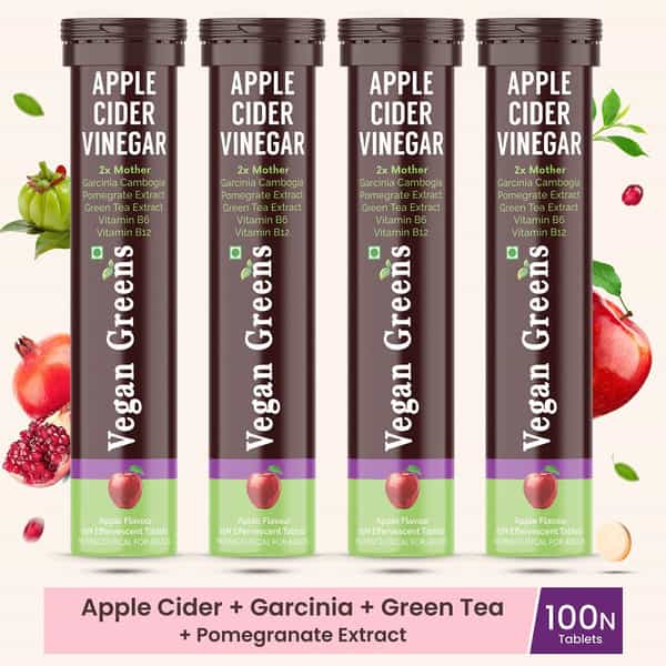 Vegan Greens Apple Cider Vinegar With Garcinina, Pomegrate & Green Tea, Vit B6- 100 Efferver, Apple