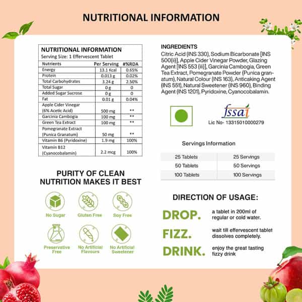 Vegan Greens Apple Cider Vinegar With Garcinina, Pomegrate & Green Tea, Vit B6- 100 Efferver, Apple