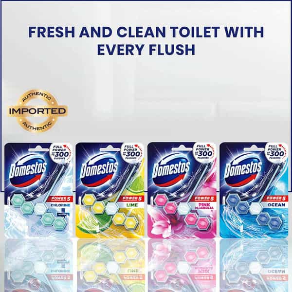 Domestos Power 5 Toilet Rim Block Chlorine Limescale Removal With Long Lasting Fragrance 55G