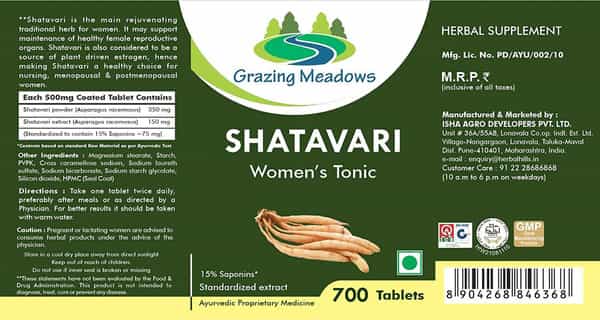 Grazing Meadows Shatavari 700 Tablets Shatavari (Asparagus Racemosus) Natural & Pure Women Tonic