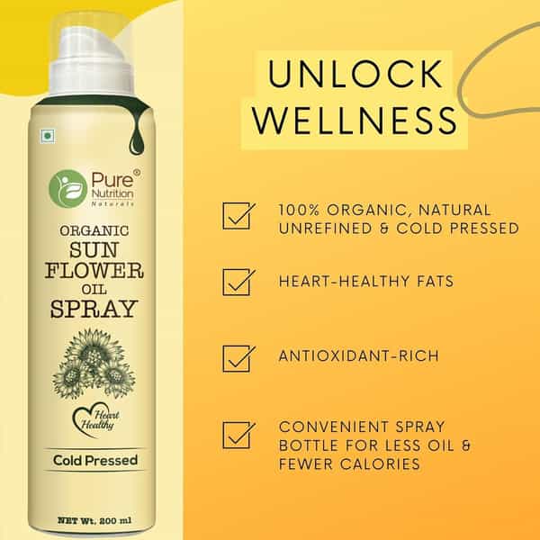 Pure Nutrition Sunflower Oil Cooking Spray | 100% Pure & Edible | 10X Less Oil - 200Ml