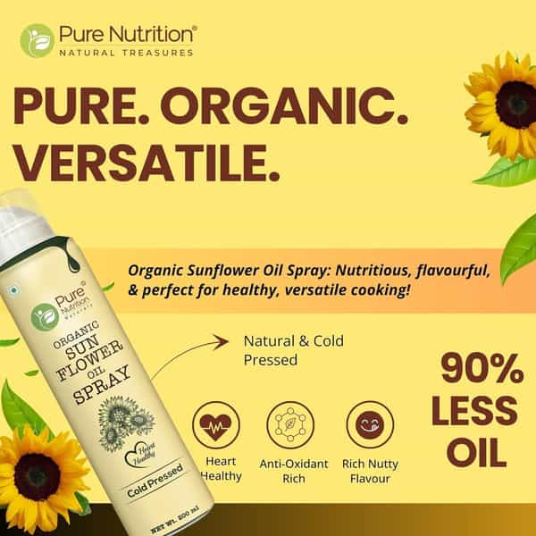 Pure Nutrition Sunflower Oil Cooking Spray | 100% Pure & Edible | 10X Less Oil - 200Ml