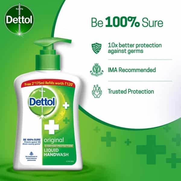 Dettol Handwash Pump (Original) + 2 Free Refills (Skincare) 200Ml + 2X175ml