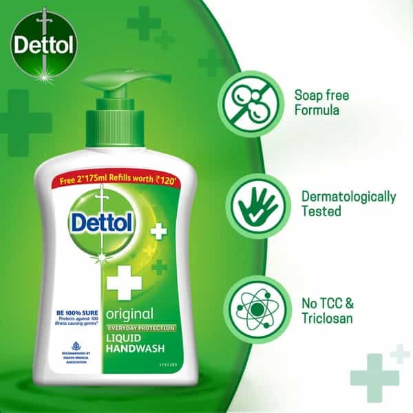 Dettol Handwash Pump (Original) + 2 Free Refills (Skincare) 200Ml + 2X175ml