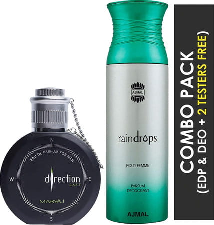 Maryaj Direction East Edp Spicy 100ml For Men And Ajmal Raindrops Femme Deodorant 200ml For Women