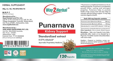 Way2herbal Punarnava Capsules | Kidney Support And Urinary Wellness - 120 Capsules
