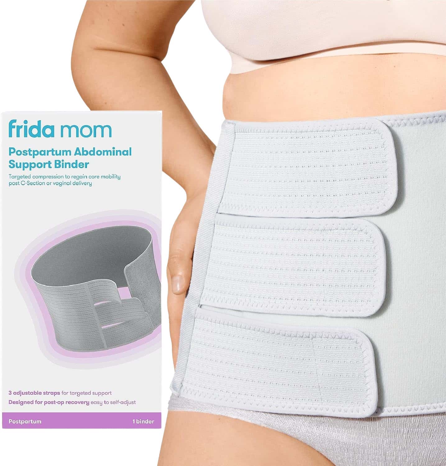 Frida Mom Postpartum Abdominal Support Binder | Women | Adjustable Compression | Grey | 1 Count