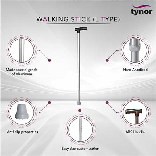 Tynor Walking Stick L Type Silver Universal Size 1 Unit