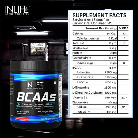 Inlife Bcaa Powder Supplement With Glutamine | Citrulline Dl Malate | Men & Women (Watermelon 250g)