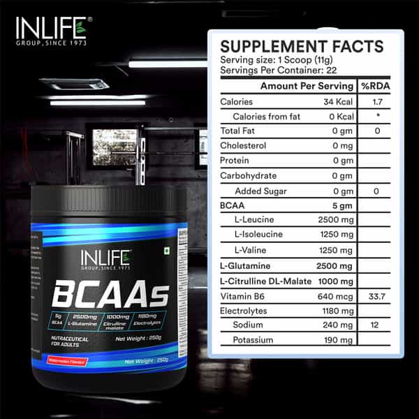 Inlife Bcaa Powder Supplement With Glutamine | Citrulline Dl Malate | Men & Women (Watermelon 250G)