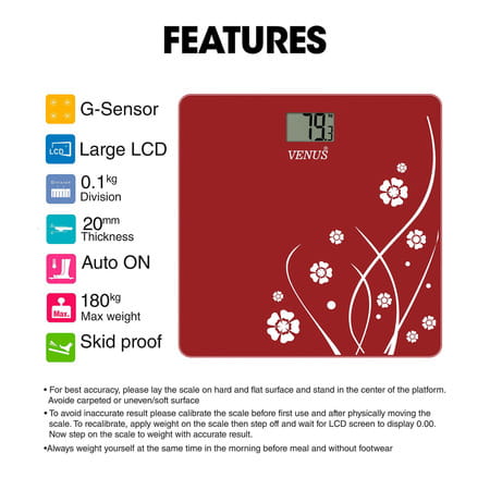 Venus (India) Electronic Digital Personal Bathroom Weight Machine | Upto 180kg | Eps-2001 Red