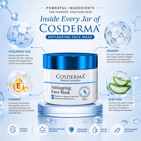 Cosderma Antiageing Face Mask With Hyaluronic | Arginine & Aloe Vera | Wrinkle Care & Renewal | 50Gm