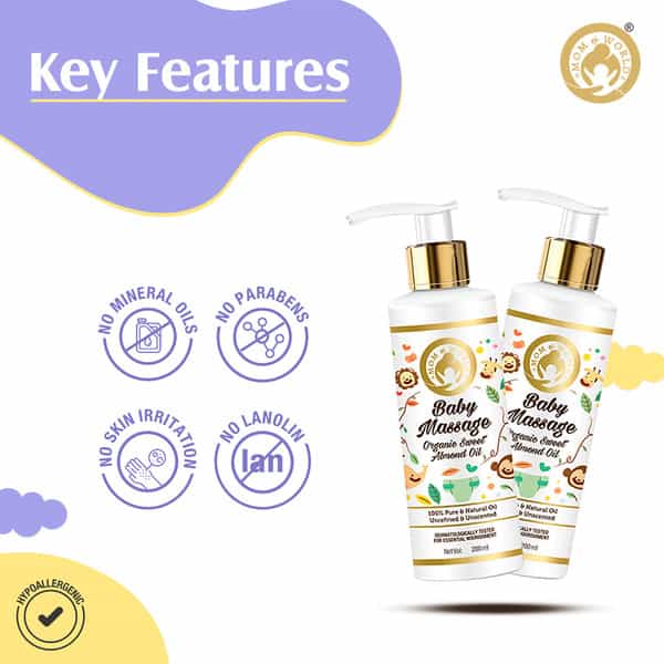 Mom & World Baby Massage Pure Organic Sweet Almond Oil Cold Pressed No Mineral Oil 200 Ml