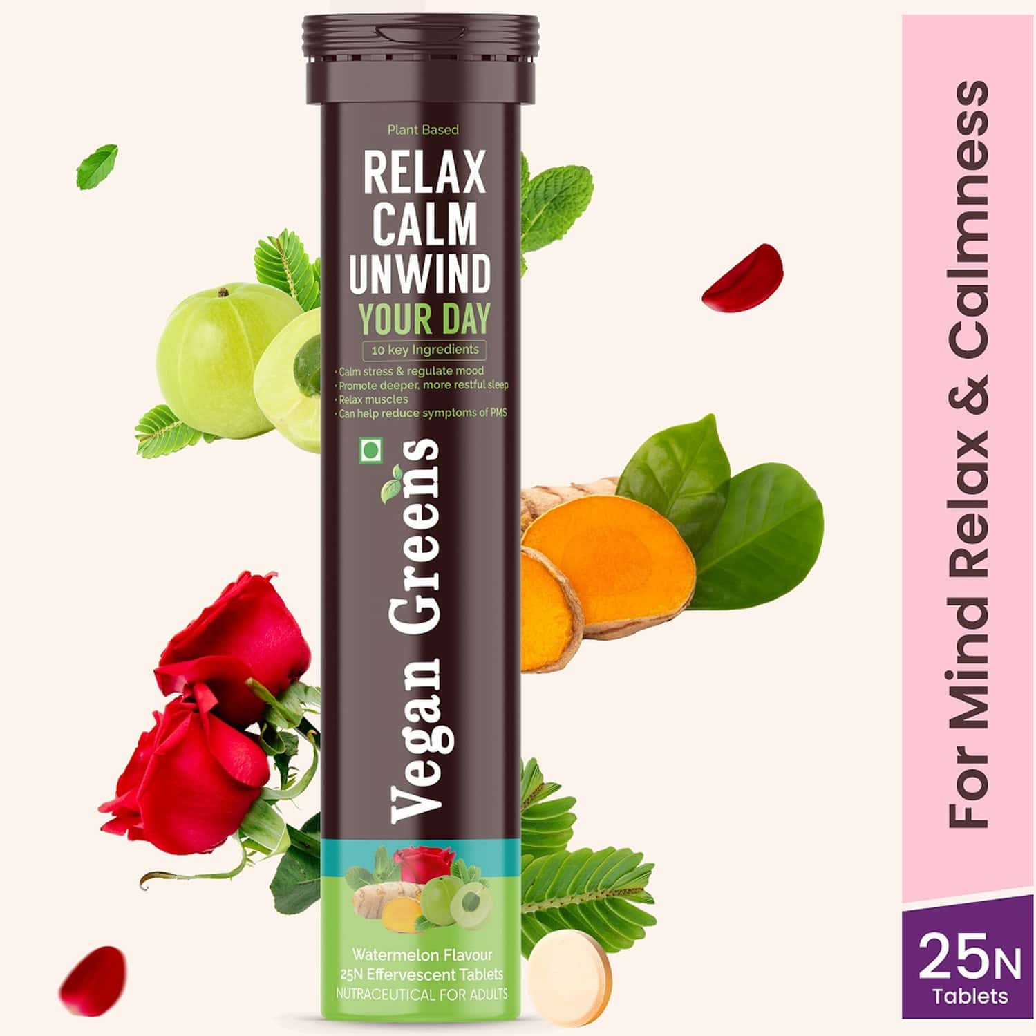 Vegan Greens Relax Calm Unwind Your Day. Calm Daily Stress, Better Mood &Sleep 25 Effer., Watermelon